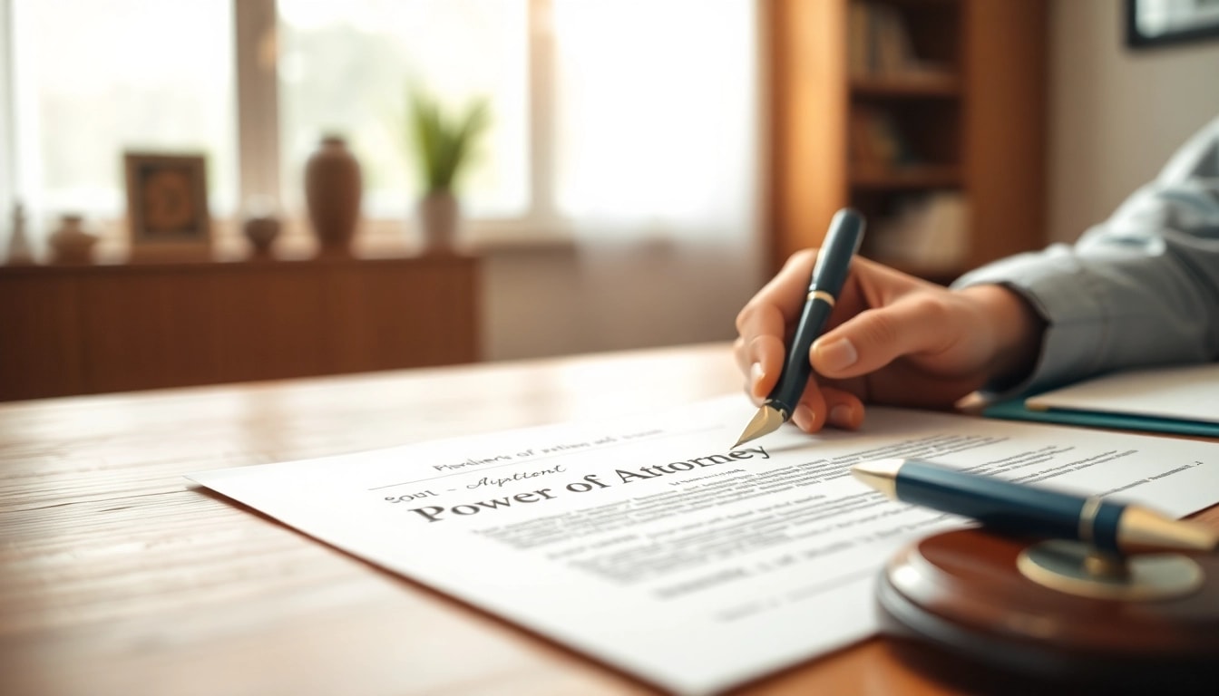 Power of Attorney document being signed in a warm and inviting office environment.