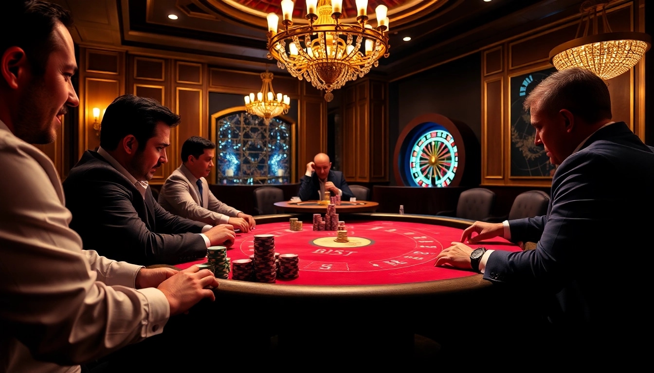 B52 poker players strategizing at a high-stakes casino table in an elegant setting.