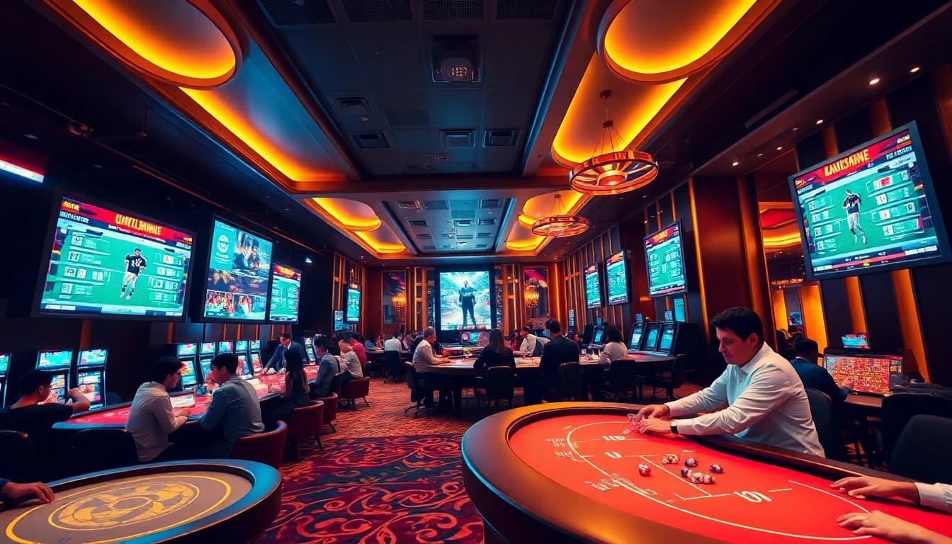 Experience the excitement of betting at okvipwin.live with players enjoying live casino games in a vibrant atmosphere.