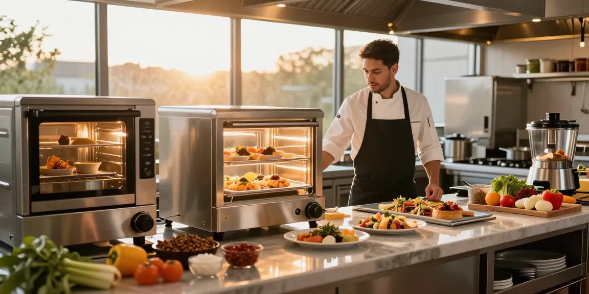 Food warmers in a commercial kitchen, showcasing freshly prepared dishes and vibrant ingredients.