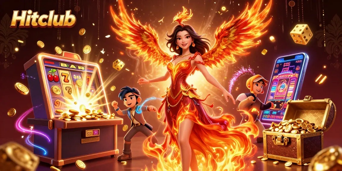 Hitclub features a stunning Asian woman amidst vibrant casino elements, showcasing excitement and winnings.