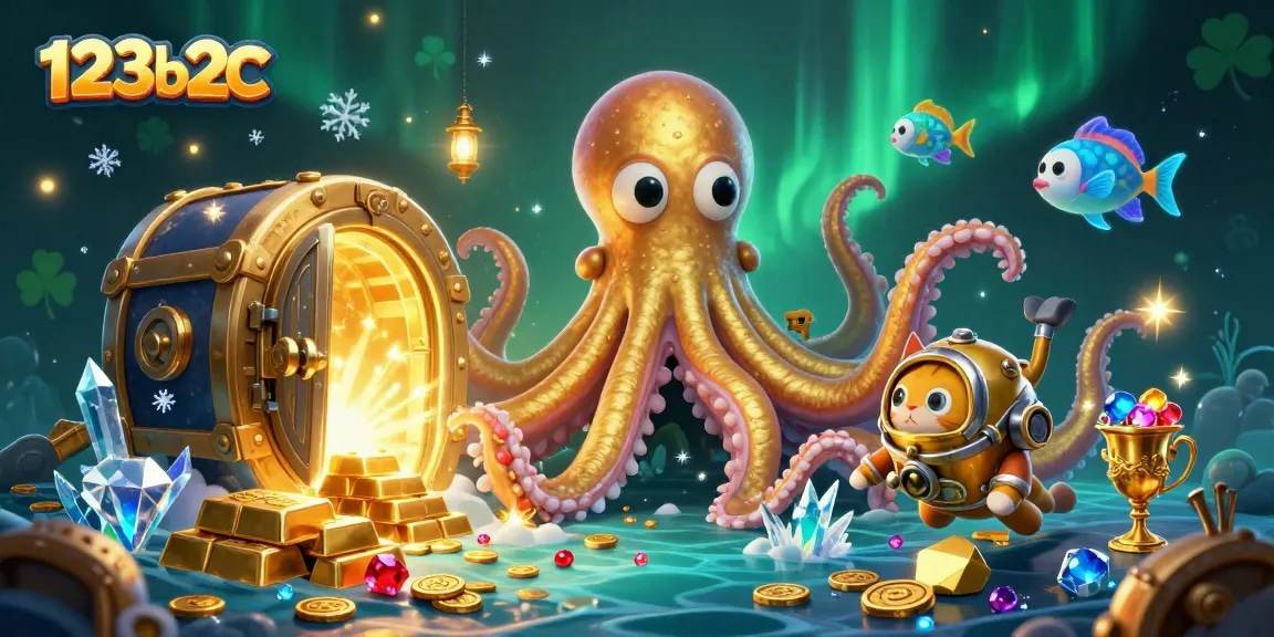 Win big with 123b2c's dazzling treasure scene featuring a kraken and diving cat in a vibrant casino setting.