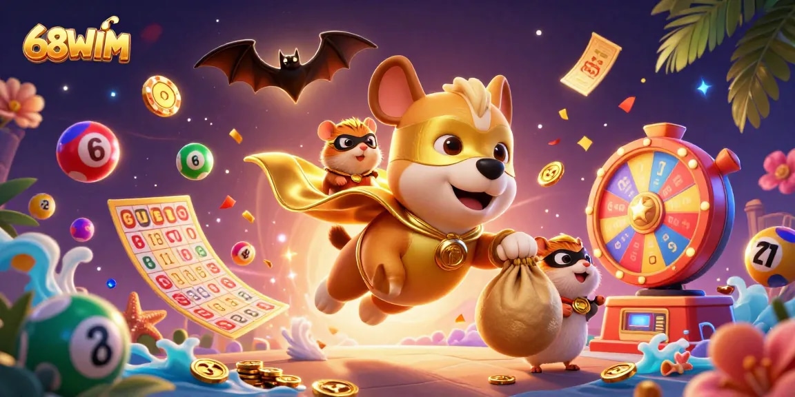 Engage in thrilling gameplay with 68WIM as cartoon characters celebrate casino excitement.