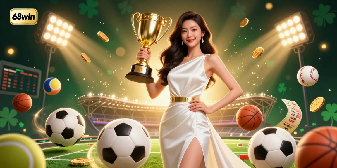 Engage with the exciting world of gambling at 68win, showcasing a triumphant Asian woman in a casino scene filled with sports and betting elements.