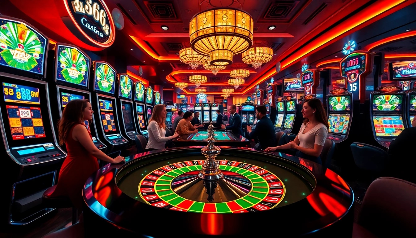 Gamblers enjoying an exciting moment at mm66 casino tables with slot machines and roulette.