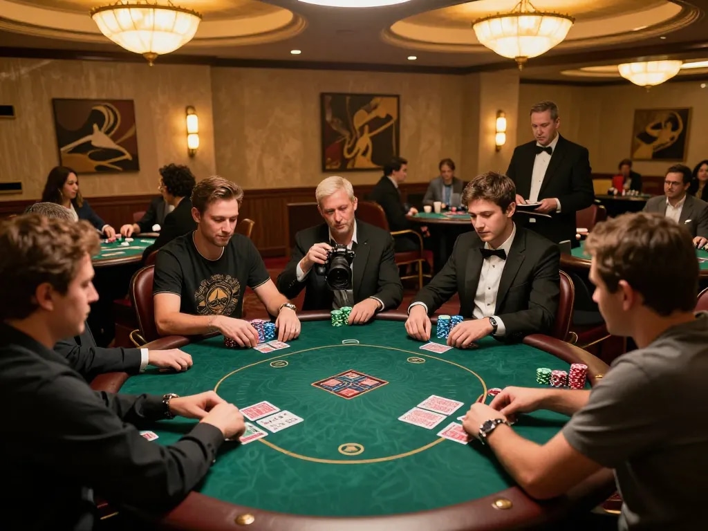 Players engage in intense poker gameplay at a luxury casino table, SC888 strategy in action, showcasing skillful bets and interactions.