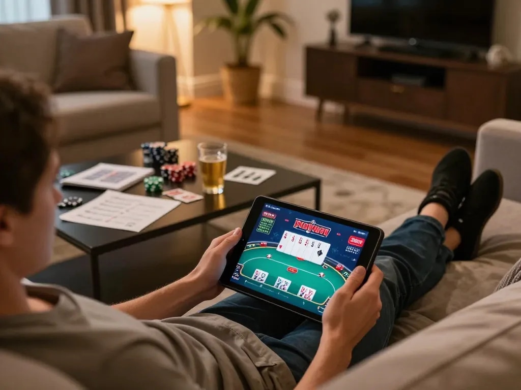 Engaging moment playing LINK CM88 poker on a tablet in a cozy home setting