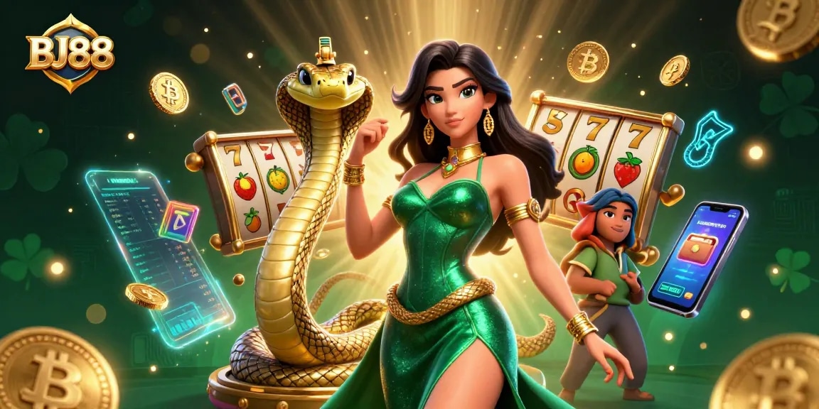Win big with BJ88 in a vibrant 3D casino scene showcasing slots and crypto elements.