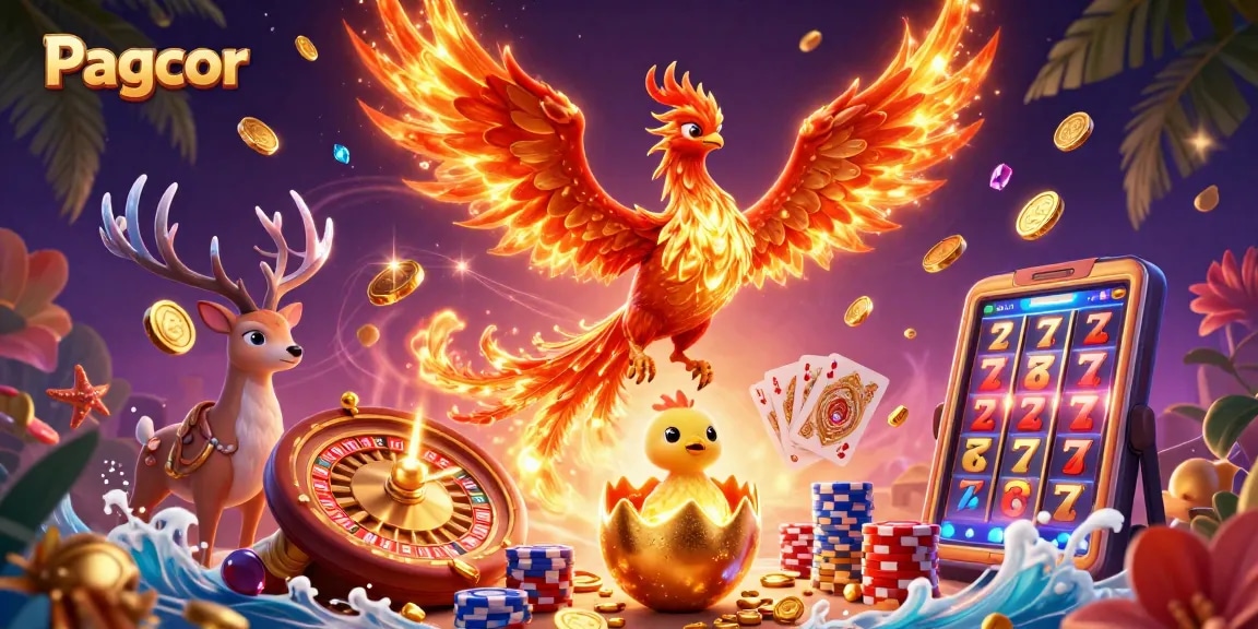 PAGCOR inspired 3D scene with a fire phoenix and baby chick amidst casino elements like golden coins and roulette.