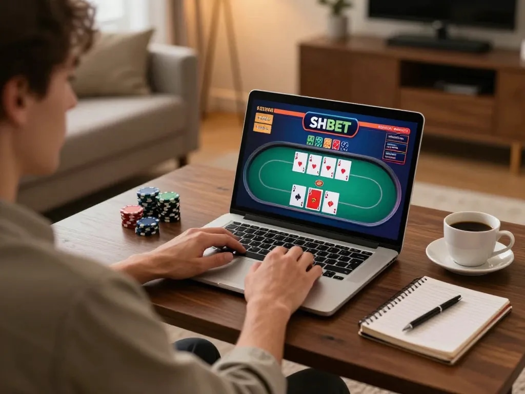 Engaging player enjoying SHBET online casino gameplay from home, showcasing cards and chips with a cozy atmosphere.