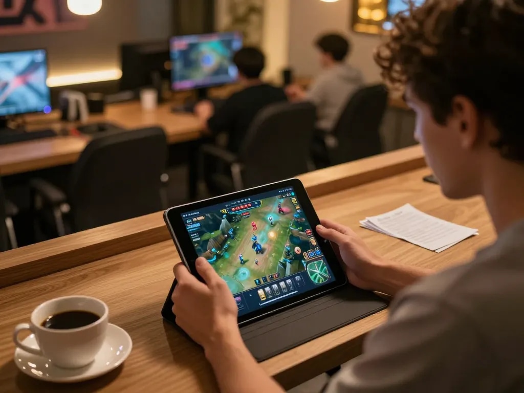 Engaging in game bài with tablet at cozy home gaming setup, ambient lighting enhancing focus.