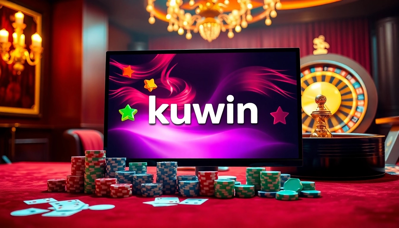 Kuwin online casino showcasing colorful poker chips and a vibrant slot machine interface.