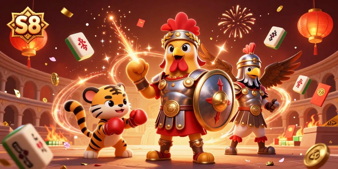 S8 casino scene with a gladiator rooster and a tiger cub amidst festive gambling elements