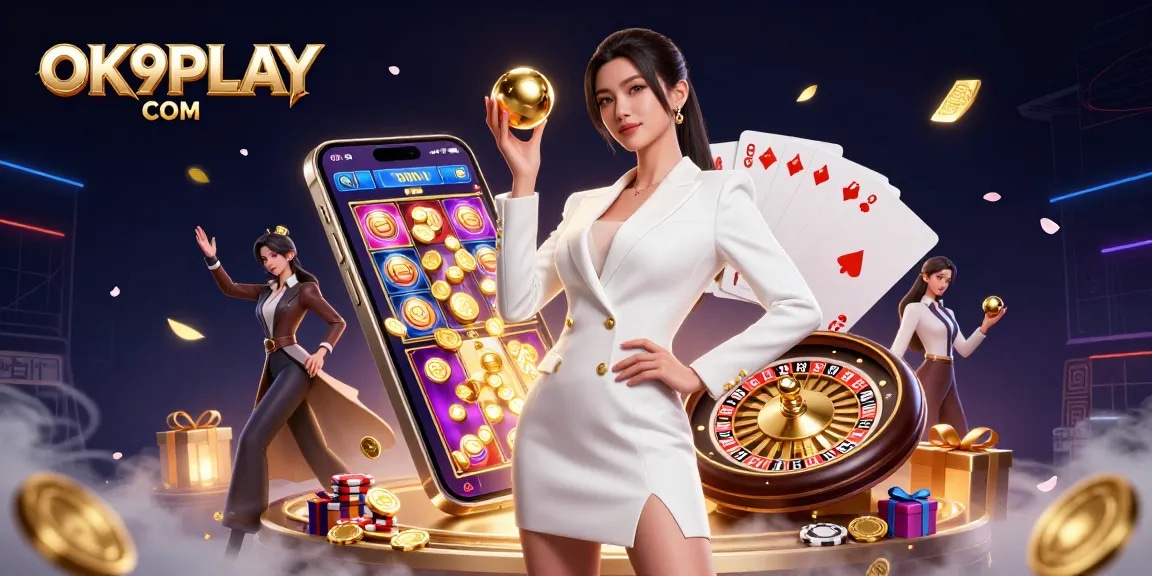 Experience excitement at OK9PLAY COM with a stunning 3D casino scene showcasing vibrant games and an elegant character.