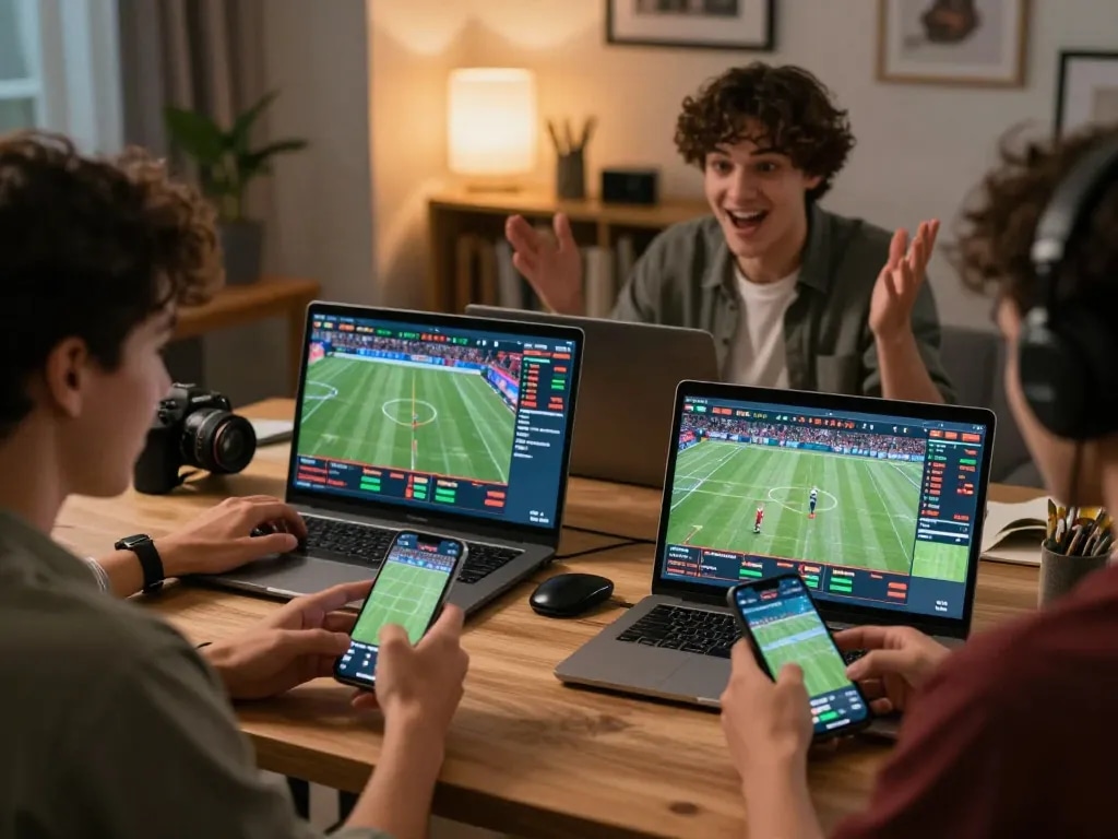 Engaging in sports betting with fly88, capturing excitement while using smartphone and laptop.