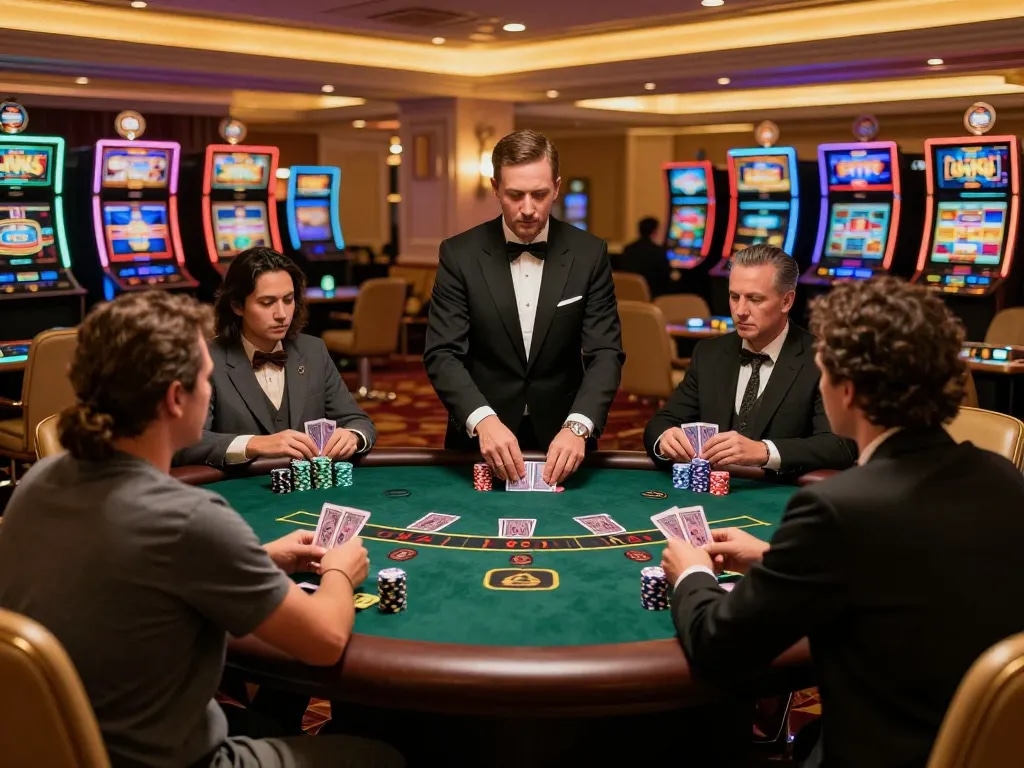 Players enjoying blackjack with dealer at an upscale casino, exemplifying LINK SC88 excitement