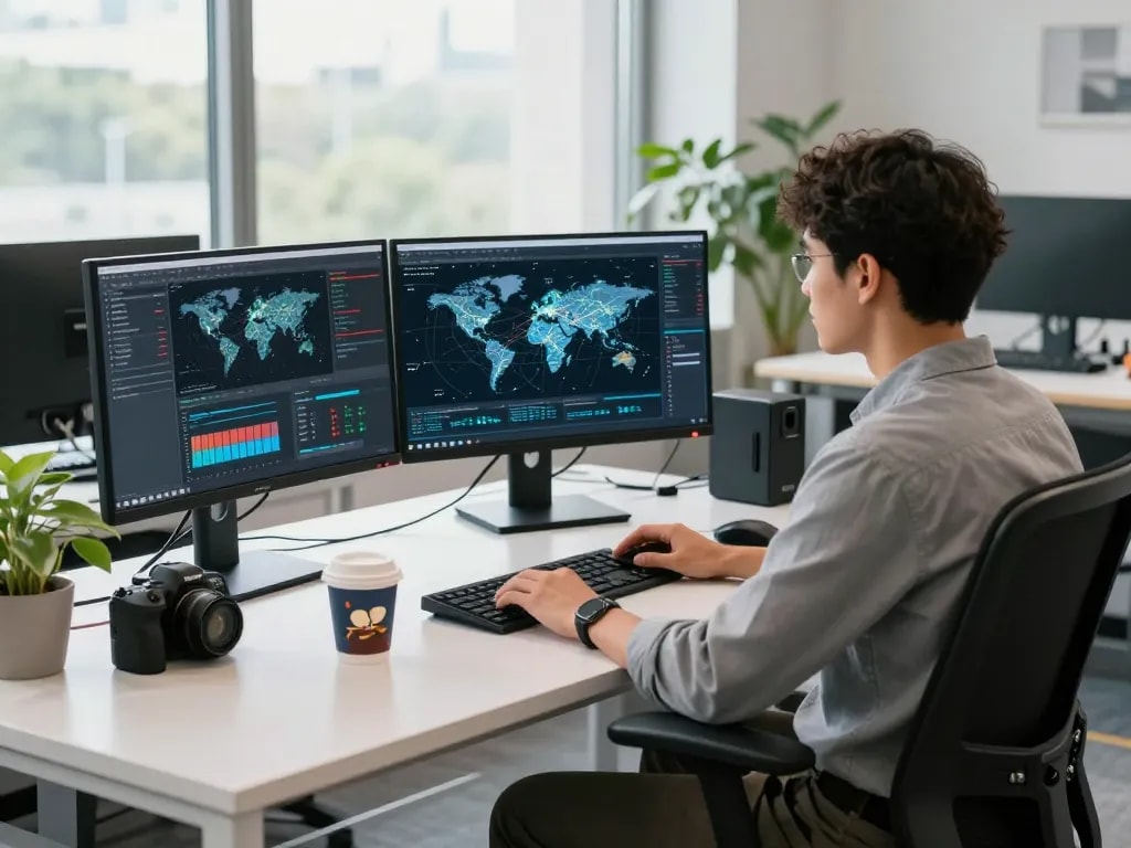 Fast internet connection with 快连 technology in modern tech workspace featuring multiple screens and innovative tools.