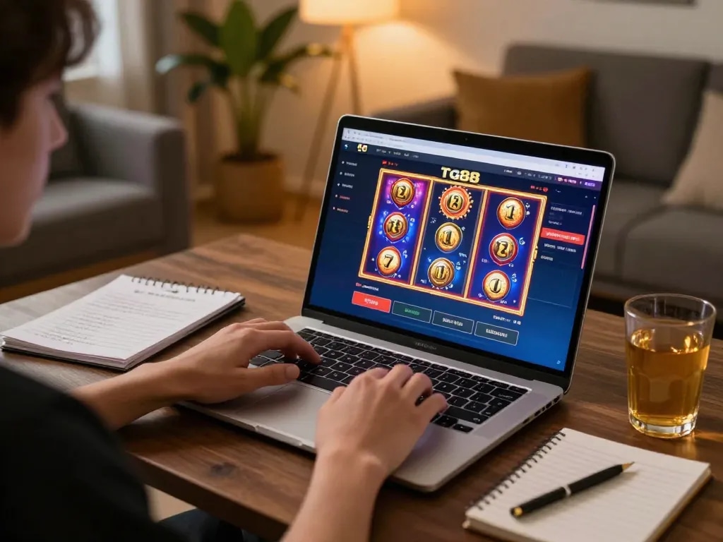 Player enjoying tg88 casino slots on laptop, cozy gaming atmosphere with strategic notes.