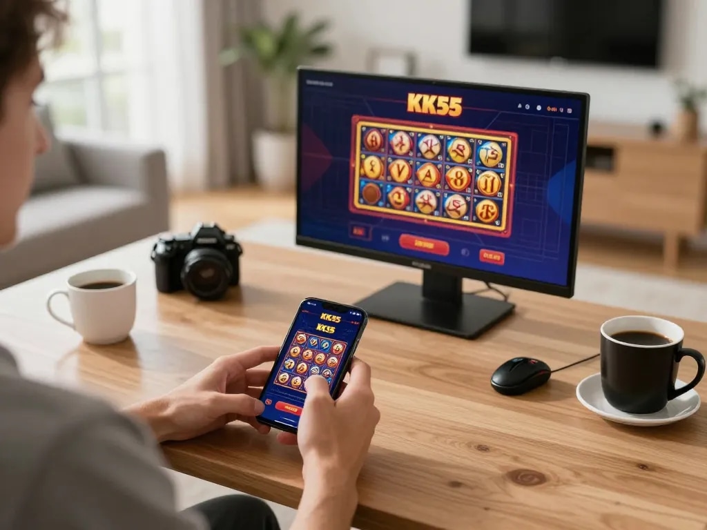 Engaging in online gaming at KK55 casino through a mobile app in a cozy home setting