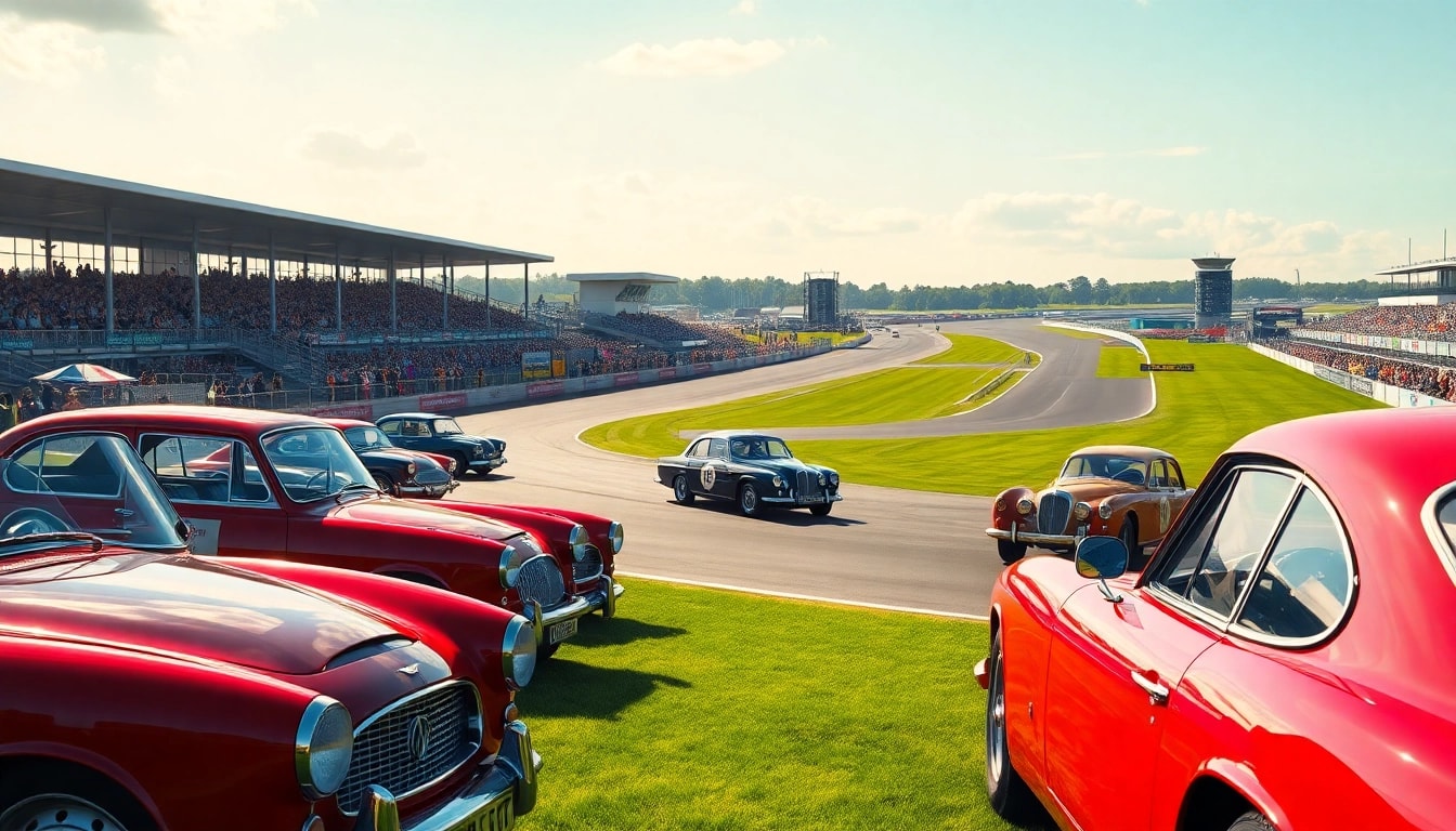 Brooklands racetrack featuring classic vintage cars, showcasing historical automotive heritage.