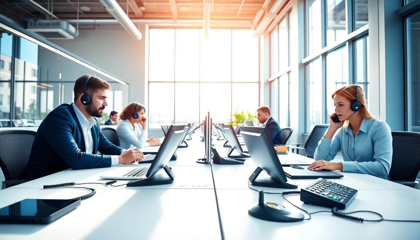 Engaged professionals utilizing business phone systems in a modern office environment.