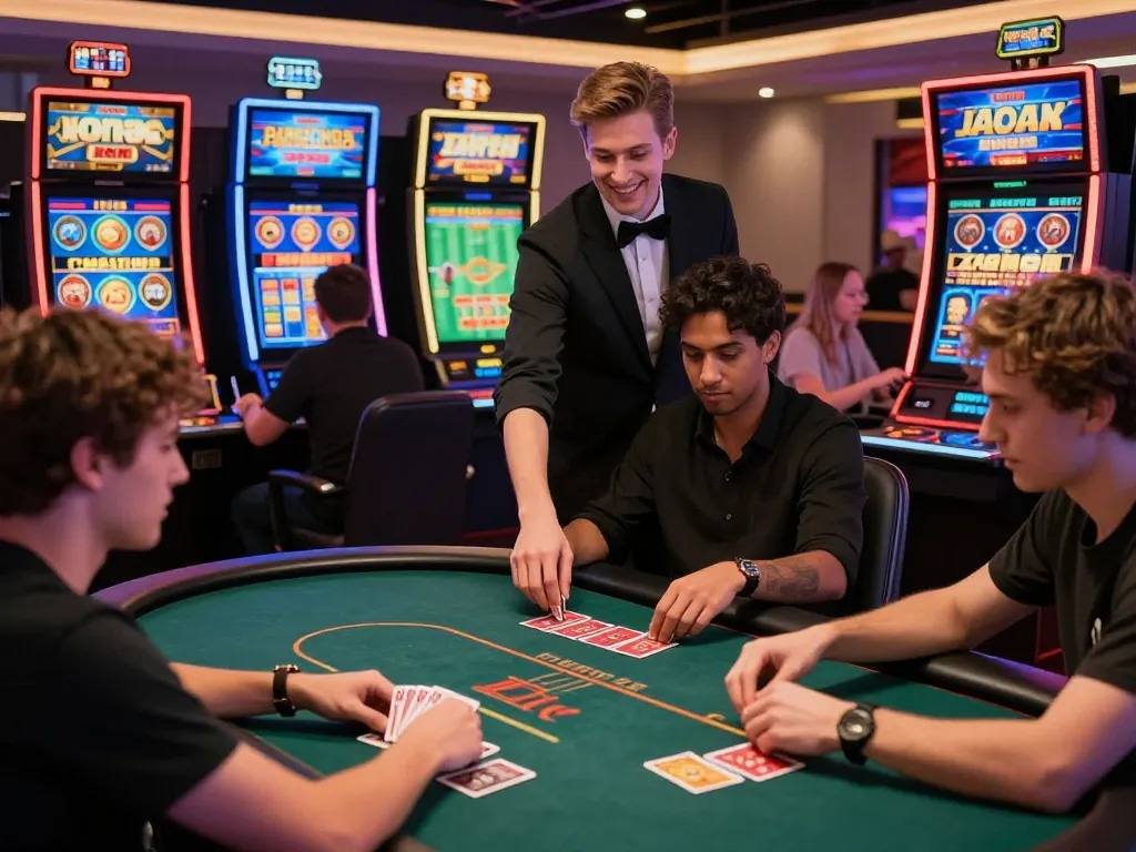 Engaging online gaming scene at TG88 featuring players at a digital casino, showcasing excitement in gaming.