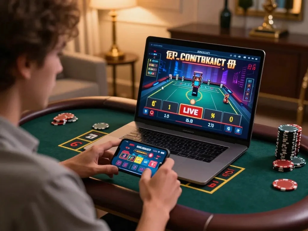 Engaging in online gambling at open88 with a laptop and smartphone in a cozy home environment
