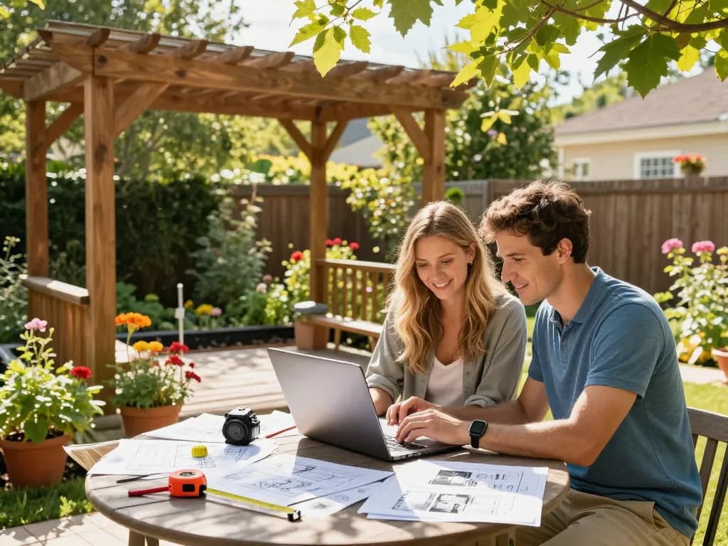 Couple using a pergola 3D planner in a vibrant garden to design their outdoor space.