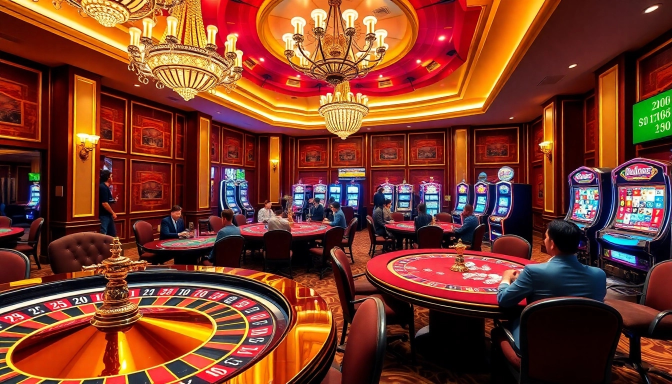 Engage with the excitement of Trang game RR88, showcasing a vibrant casino scene with tables, chips, and glowing slot machines.