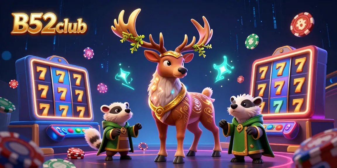 B52club brings excitement to life with a vibrant casino scene featuring animated characters engaging with slot reels and game elements