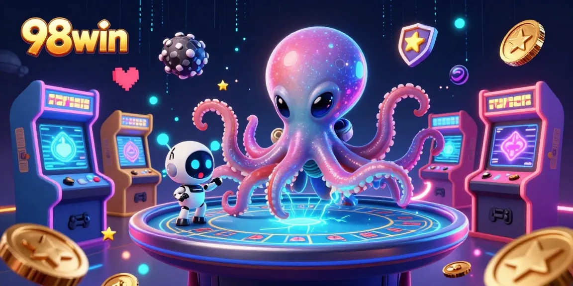 Win thrilling games at 98win with an octopus dealing poker at a space-themed casino.