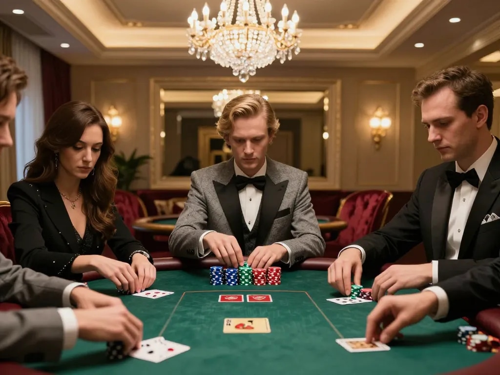 Engaged EV 99 players strategizing at an upscale poker table, highlighting excitement and competition