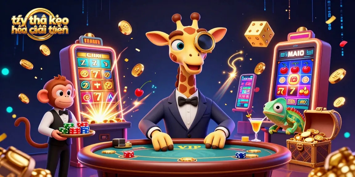 Exciting scene illustrating tỷ lệ kèo nhà cái trực tuyến with a high-roller giraffe at a poker table, a monkey valet, and a chameleon bartender.