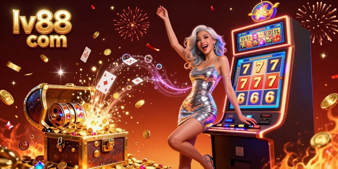 Spin and win at lv88 com with a joyful Asian woman celebrating a slot jackpot amidst vibrant casino elements.