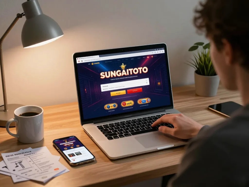 Sungaitoto login interface displayed on laptop while placing bets in a cozy home office.