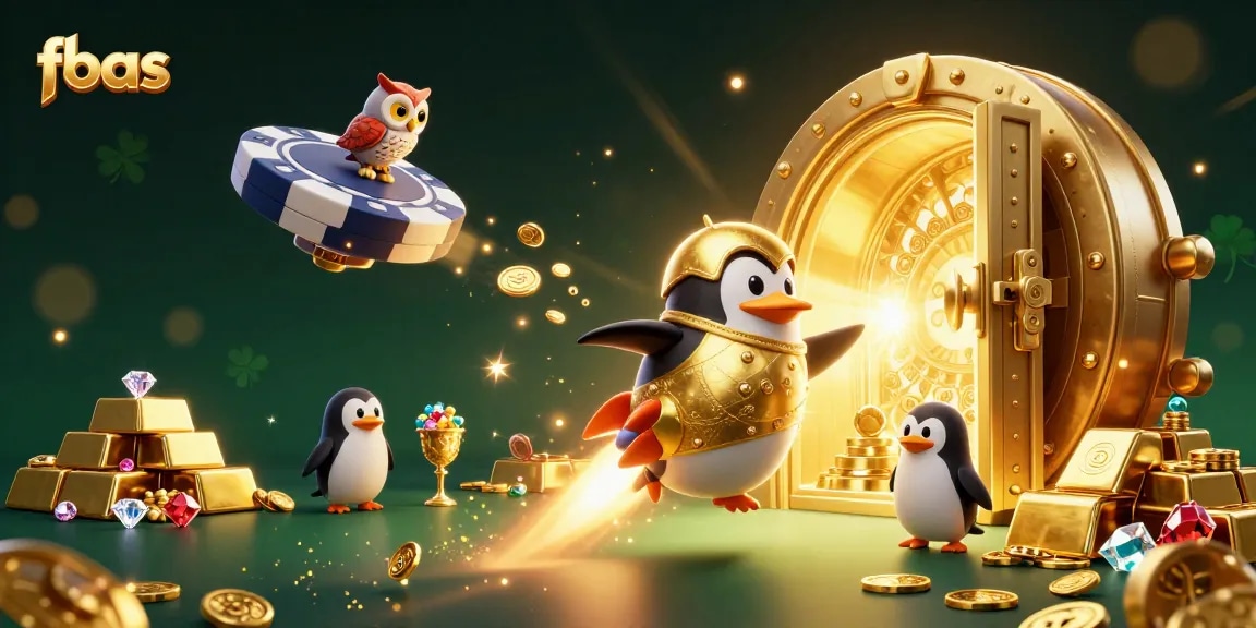 Play at fbas credit card casinos with immersive illustrations featuring a golden penguin conquering the casino world.