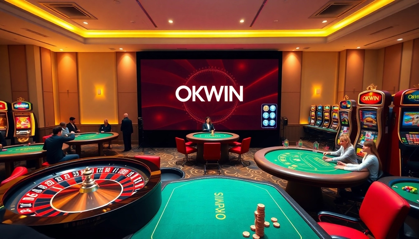 High-stakes gaming action at OKWIN casino featuring vibrant roulette and poker tables.