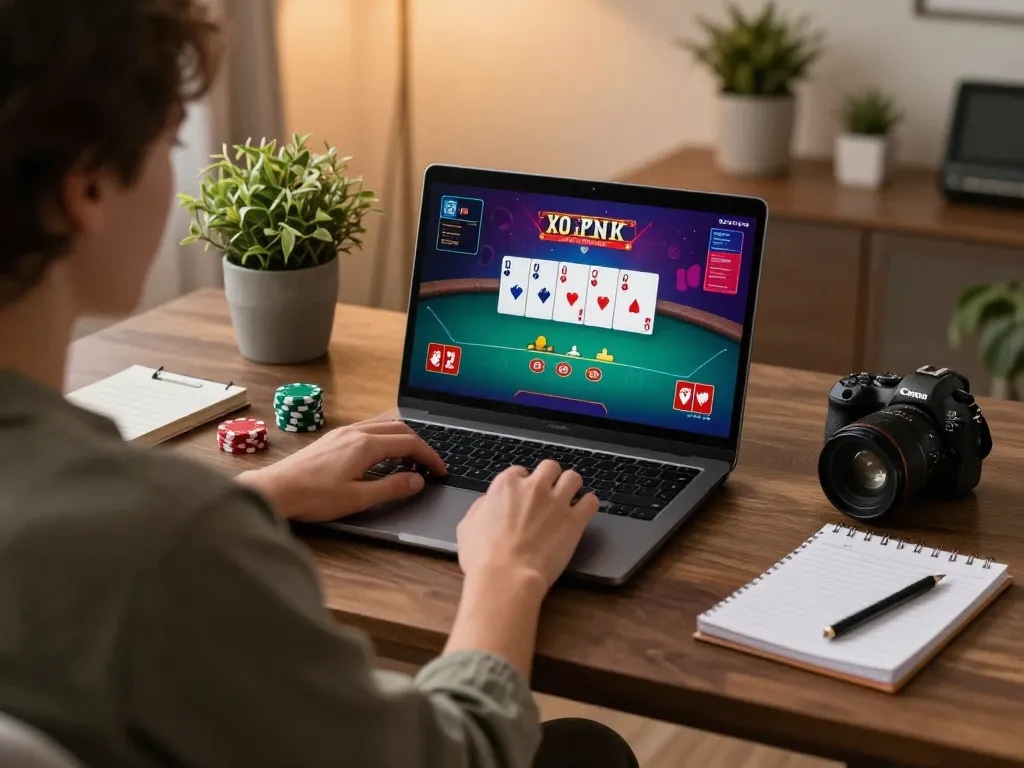Hitclub online gaming scene with live poker gameplay displayed on laptop screen in a cozy setting.