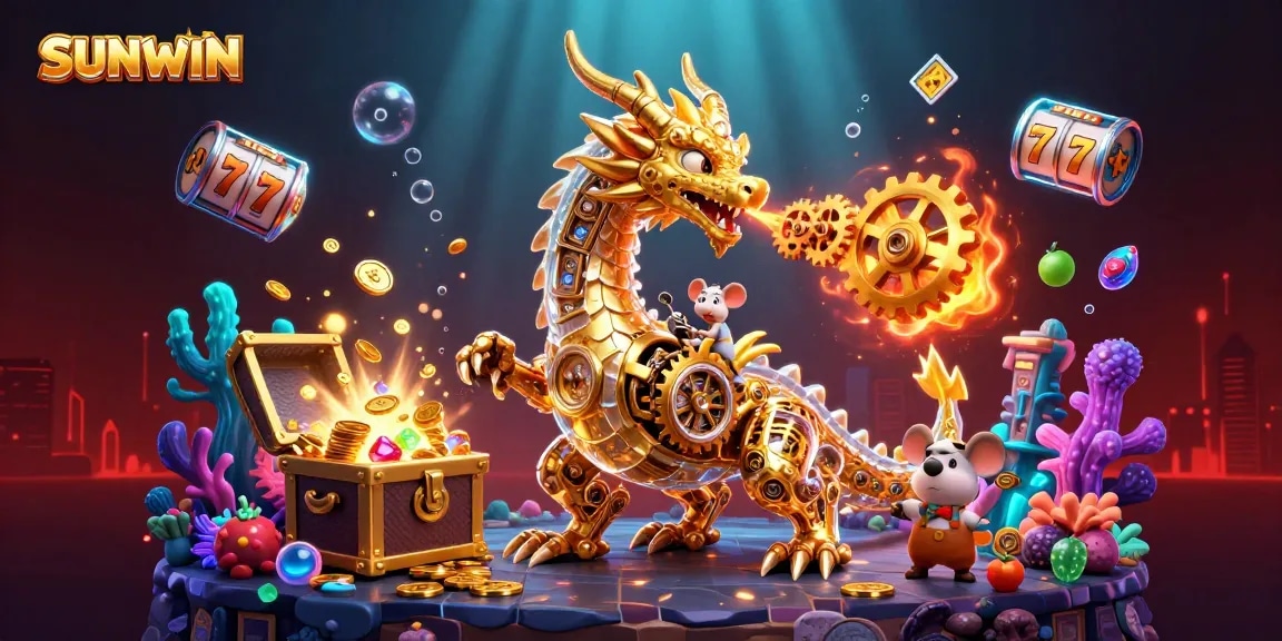 SUNWIN showcases a vibrant 3D illustration with a golden dragon amidst slot game elements, emphasizing online casino excitement.