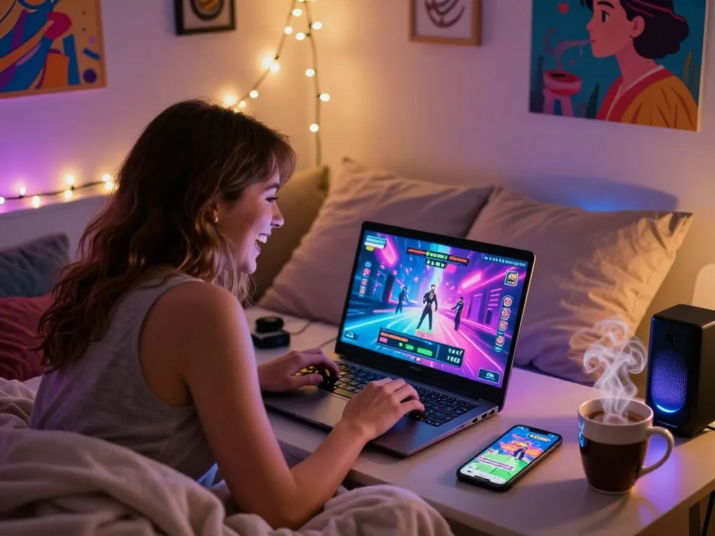 Engaging in a fun porn game within a cozy bedroom, showcasing vibrant graphics and relaxed atmosphere.