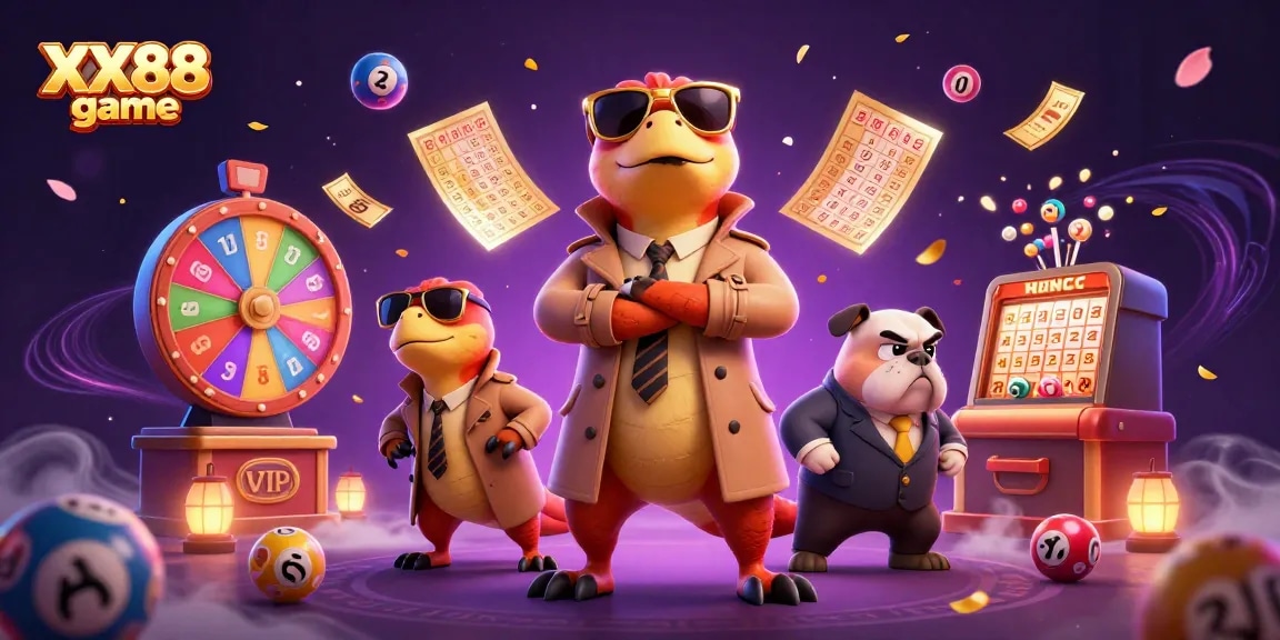 Experience the thrill of XX88 game with dynamic casino illustration featuring playful raptors and festive elements.