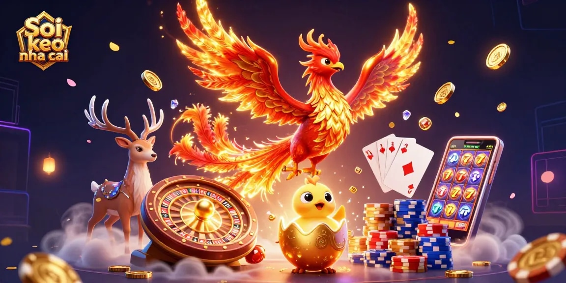 Soi keo nha cai brings a vibrant gambling scene to life with a phoenix, sparkling coins, and thrilling game elements.