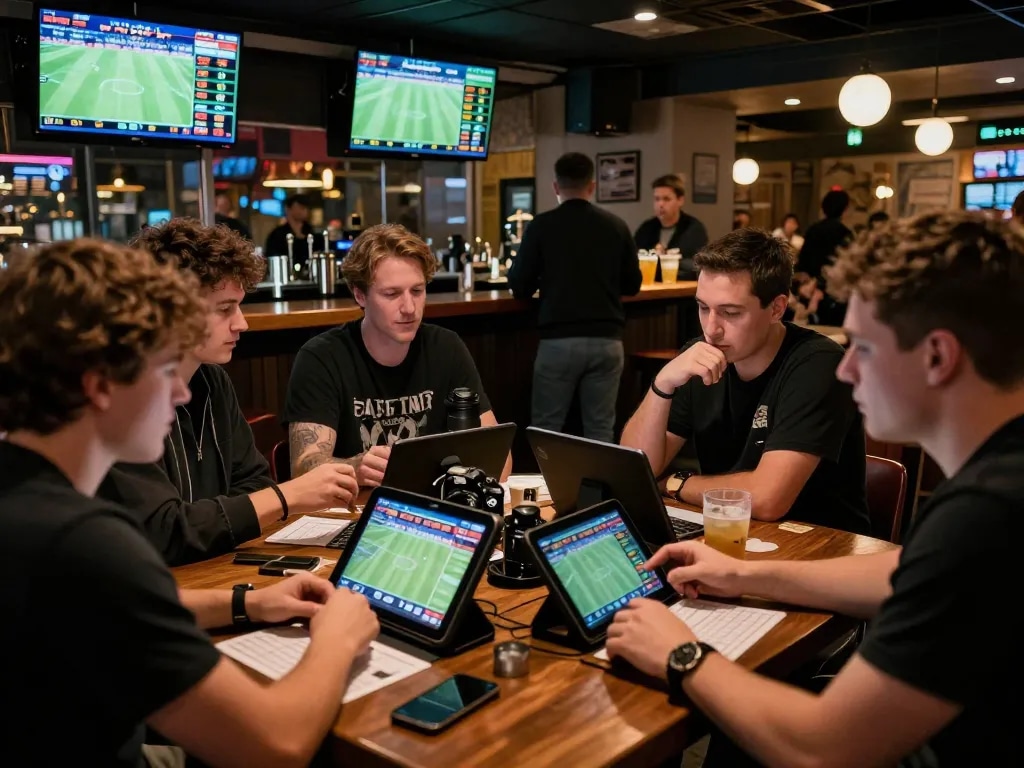 Patrons engaging in sports betting, reviewing tỷ lệ kèo in a lively sports bar setting