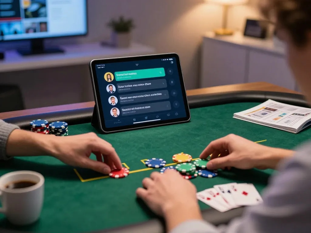 Engaging in tg88 poker strategy on a tablet in modern home office, showcasing virtual gameplay.