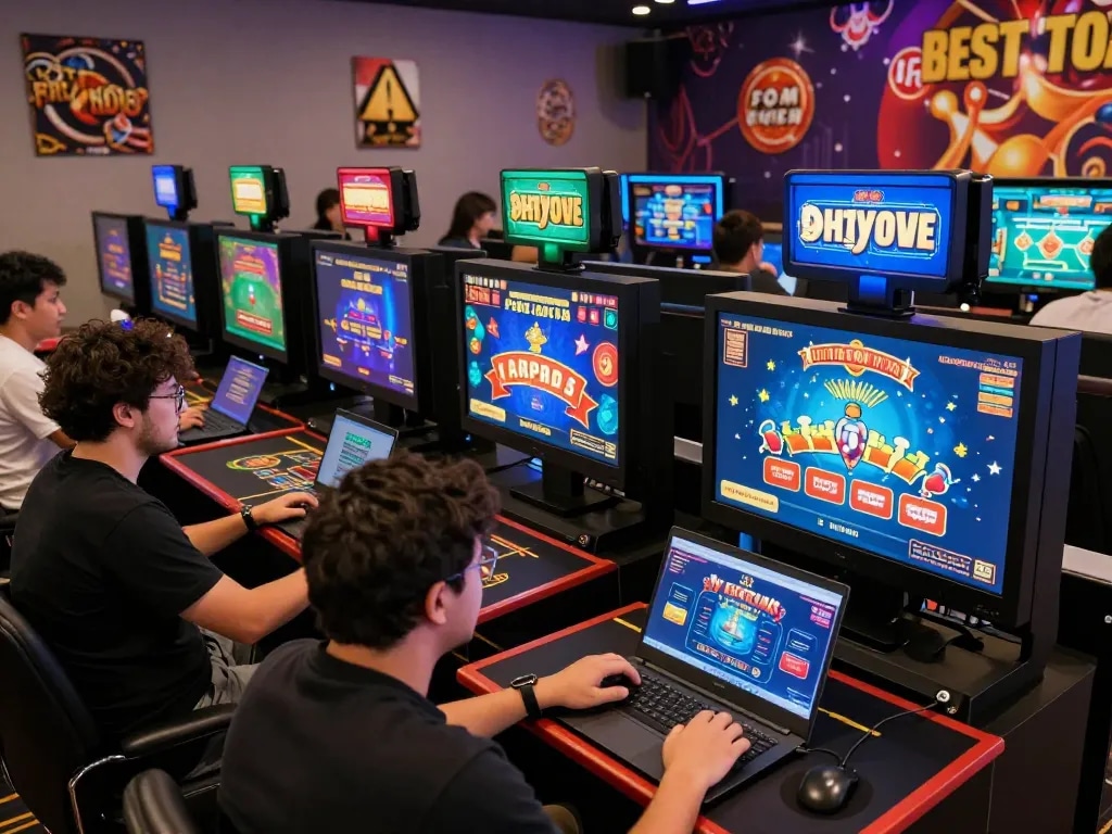 Players engaging with 8KBET online games in a lively casino environment full of vibrant graphics.