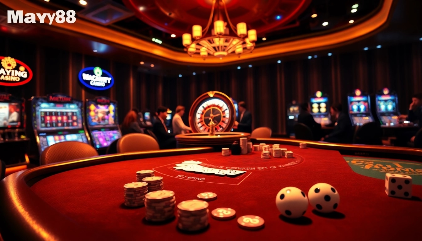 Experience the thrilling ambiance of May88's online casino with vibrant poker, roulette, and slot action.