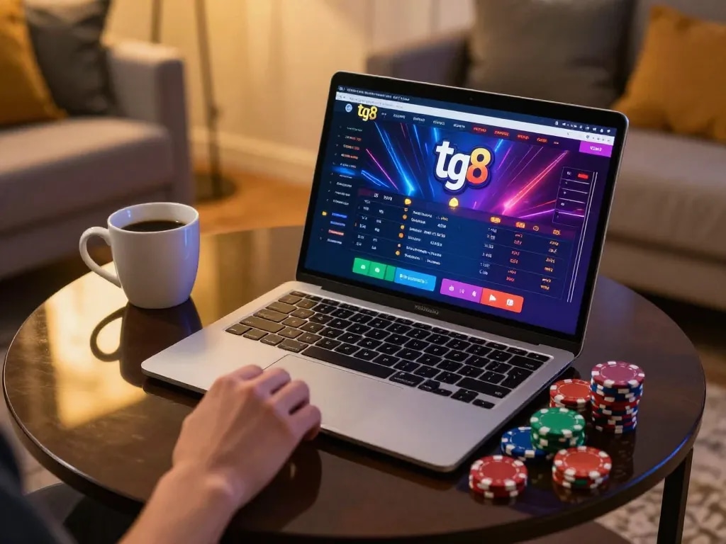 Engaging with tg8 online betting interface while enjoying home comfort during a gaming session.
