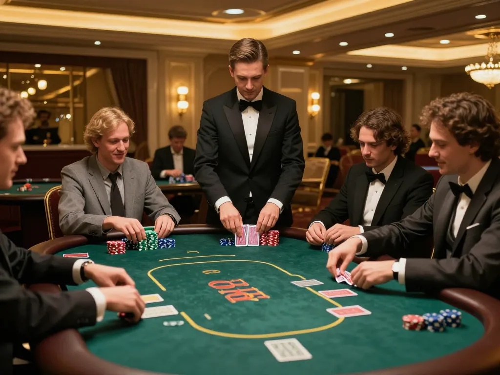 Experience high-stakes poker excitement with 8kbet players focused on the game in a luxurious casino.