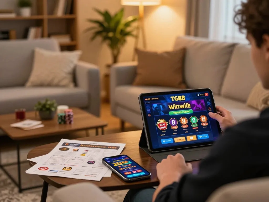Engaged gamer exploring tg88 win on a tablet in a cozy home setting, highlighting responsible gaming.