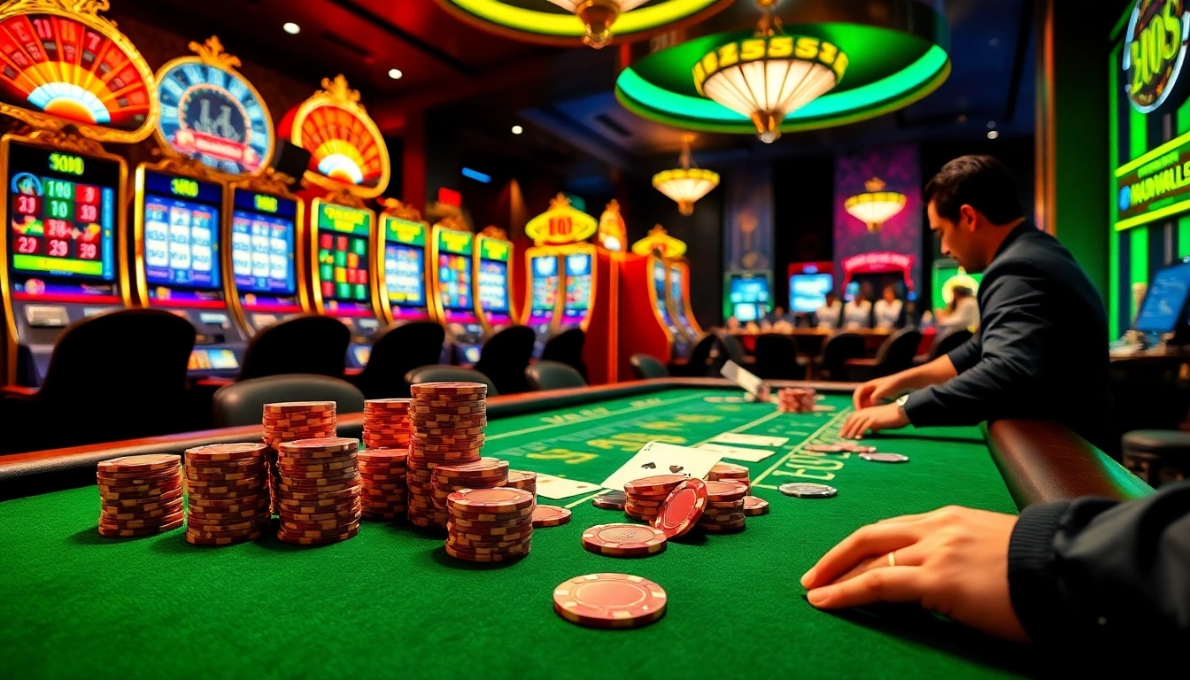 Players enjoy high-stakes poker at win55 com casino, surrounded by vibrant slot machines and dramatic lighting.